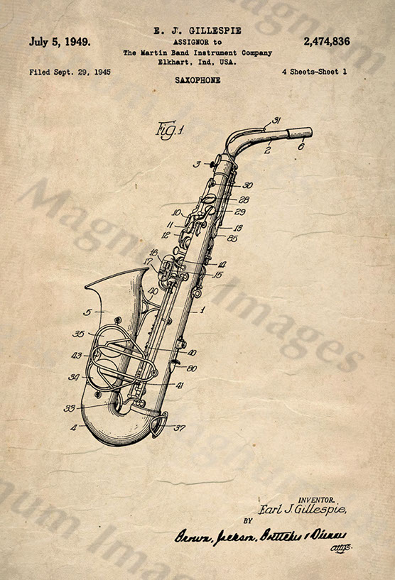 Martin Instuments, EJ Gillespie-Sax 1945 US2474836-Vin1